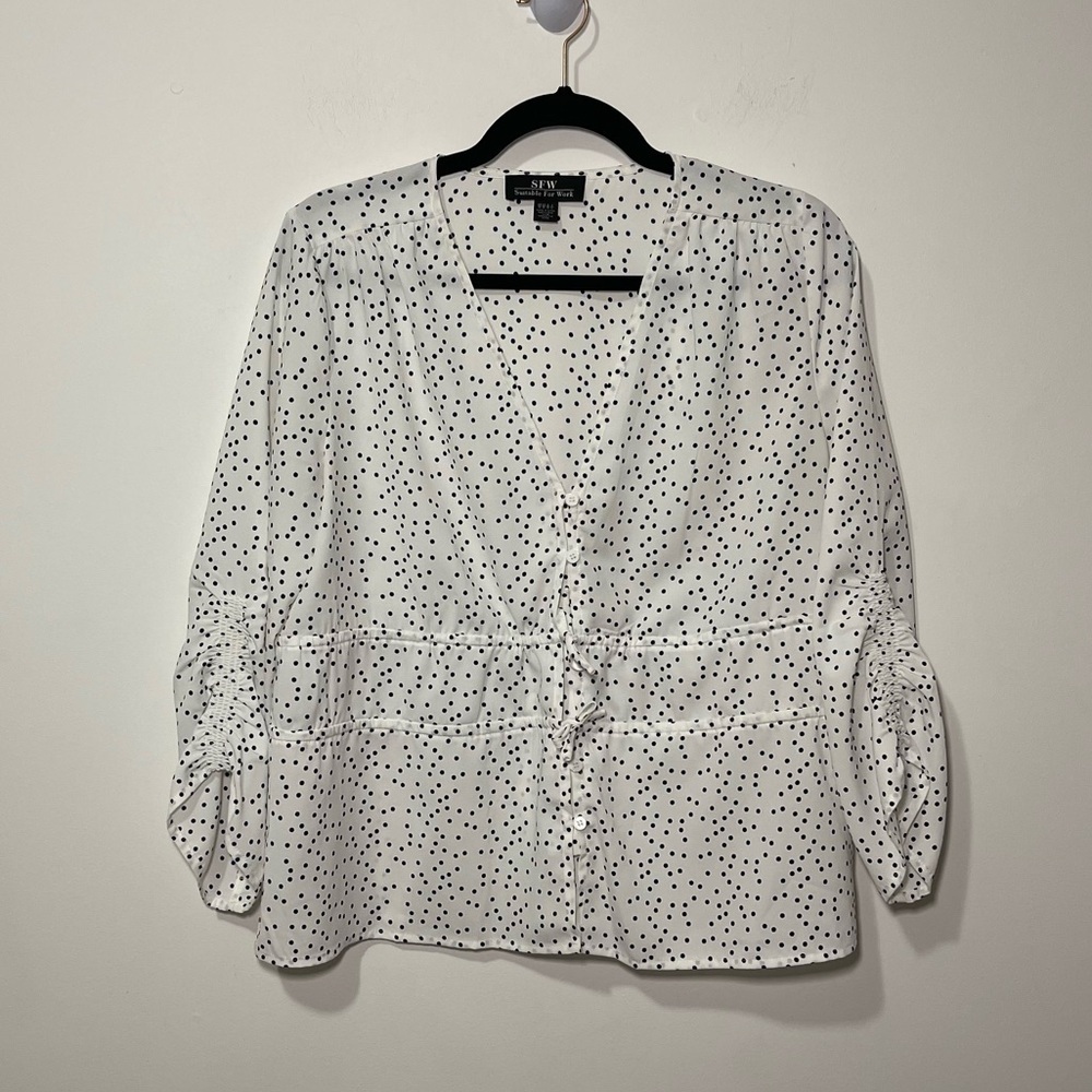 SFW women’s Black and white polka dots ruched sleeves and bow tie blouse in M